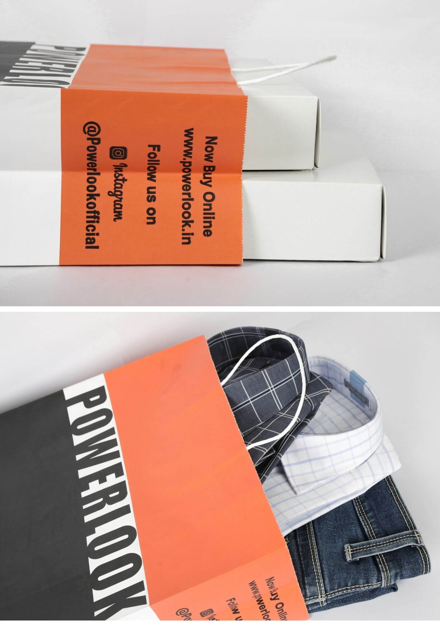 A bleach kraft paper bag printed by max packaging for powerlook holding jeans, shirts & white boxes